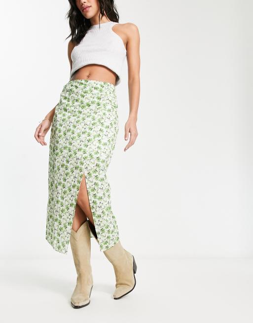 Emory Park ruched side split detail midi skirt in green floral ASOS