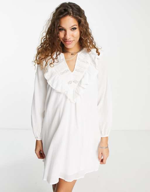 Emory Park ruffle front smock dress in off white