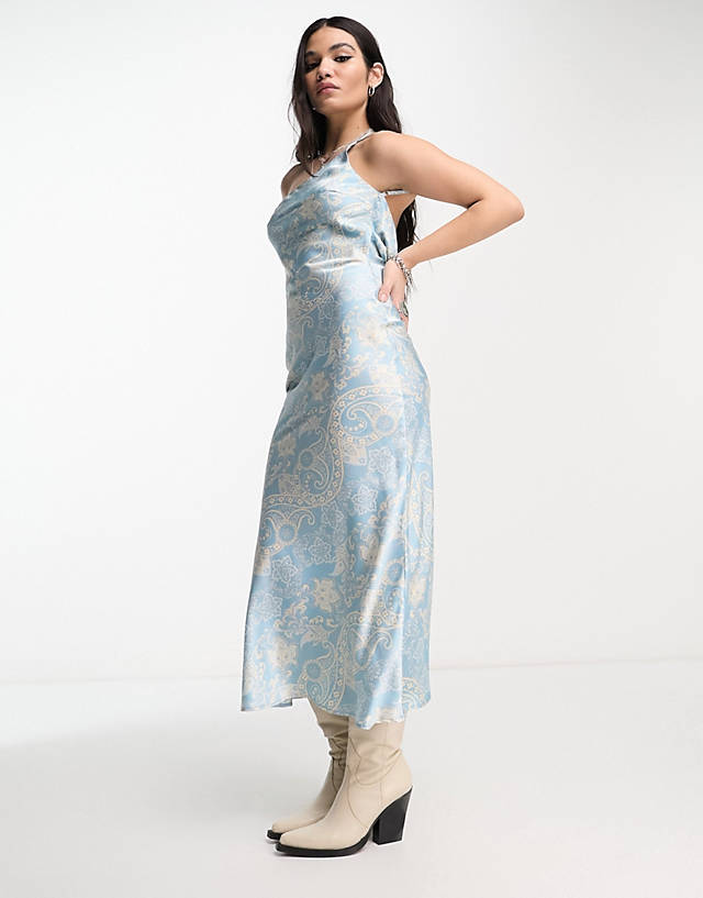 Emory Park - satin paisley print one shoulder midaxi dress in blue