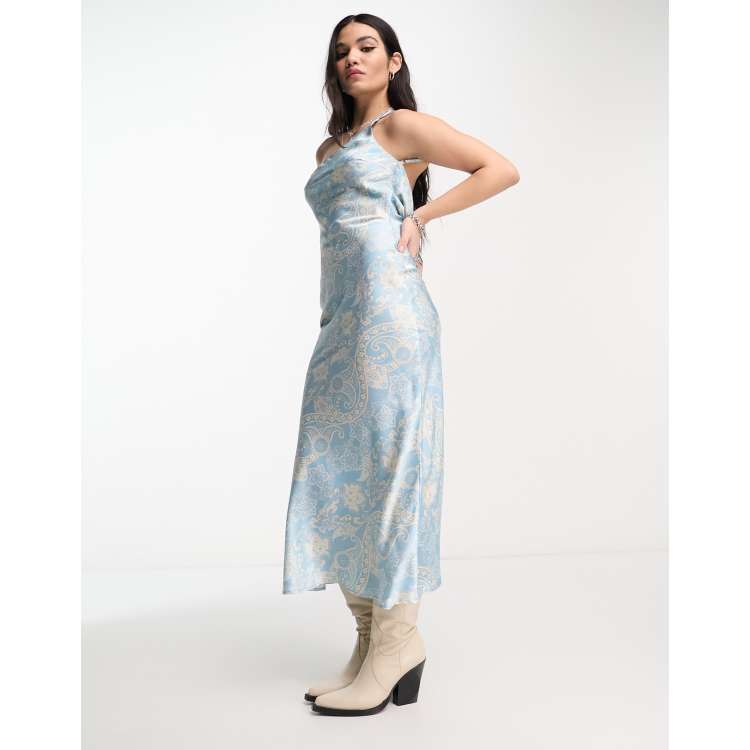 Emory Park satin paisley print one shoulder midaxi dress in blue