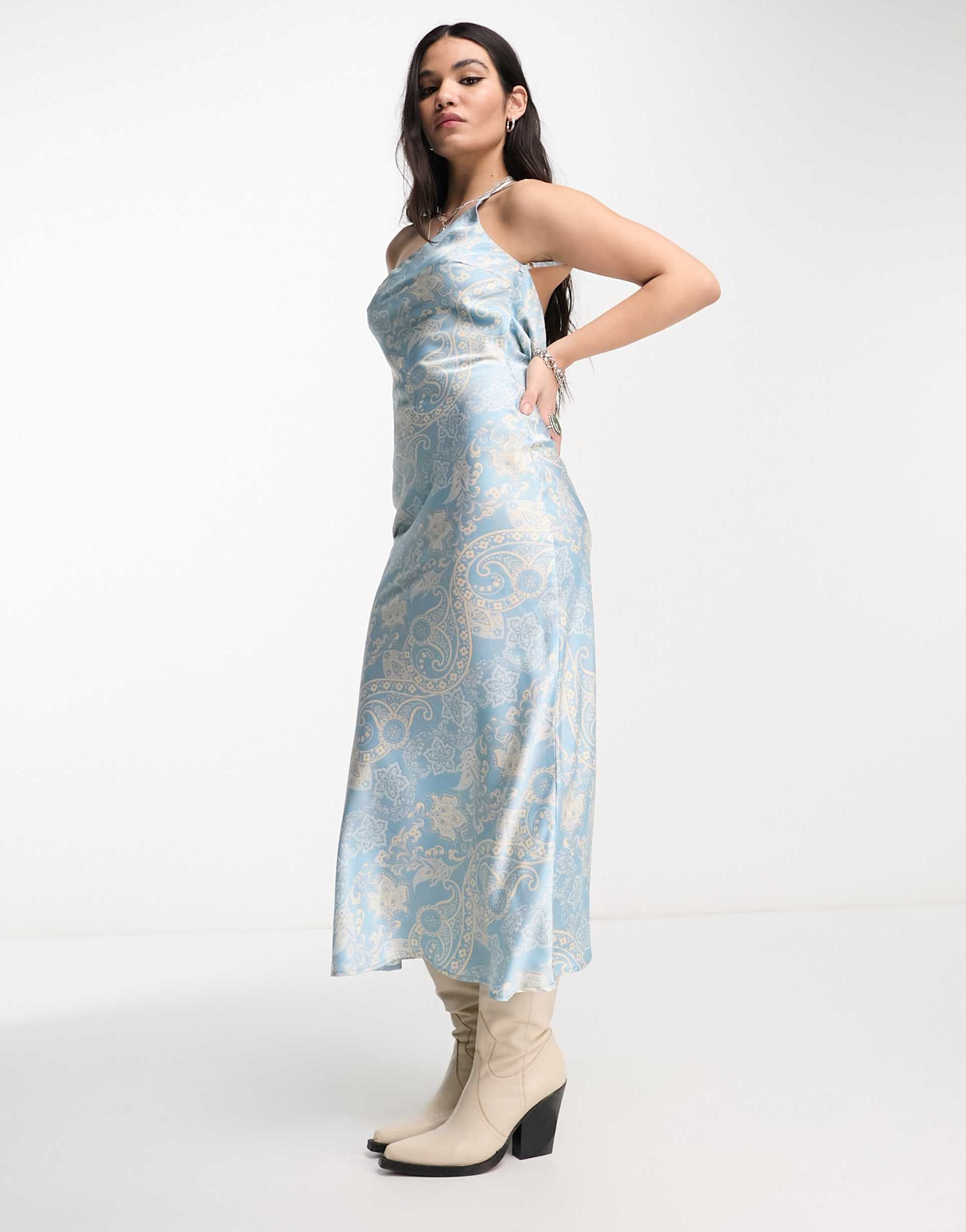 emory park satin paisley print one shoulder midaxi dress in blue