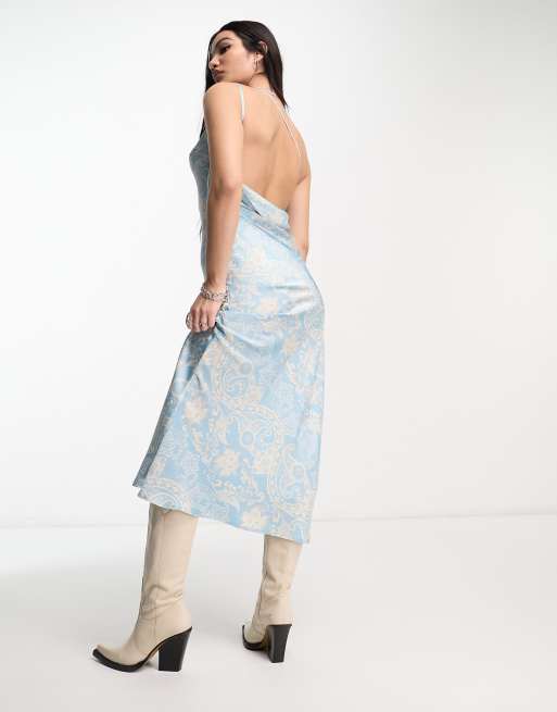 Emory Park satin paisley print one shoulder midaxi dress in blue