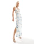 [Emory Park] Emory Park satin print maxi dress in blue cream floral-White M BLUE CREAM FLORAL