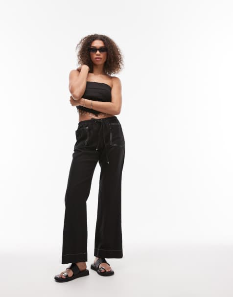 Emory Park drawstring wide leg linen trousers in black
