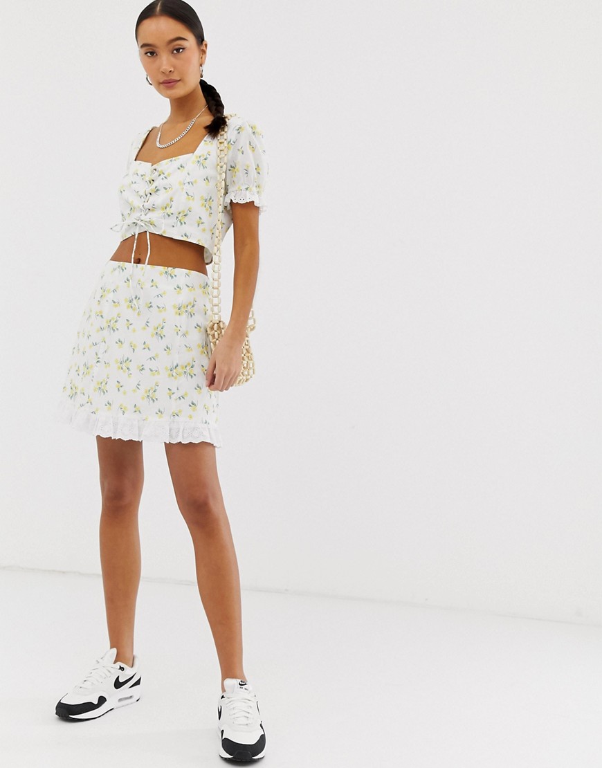Emory Park skirt with ruffle hem in ditsy floral co-ord-Yellow