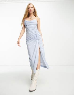 Emory Park Slinky Ruched Detail Midi Dress In Soft Blue