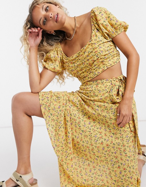 Emory Park square neck top with ruching in yellow ditsy floral