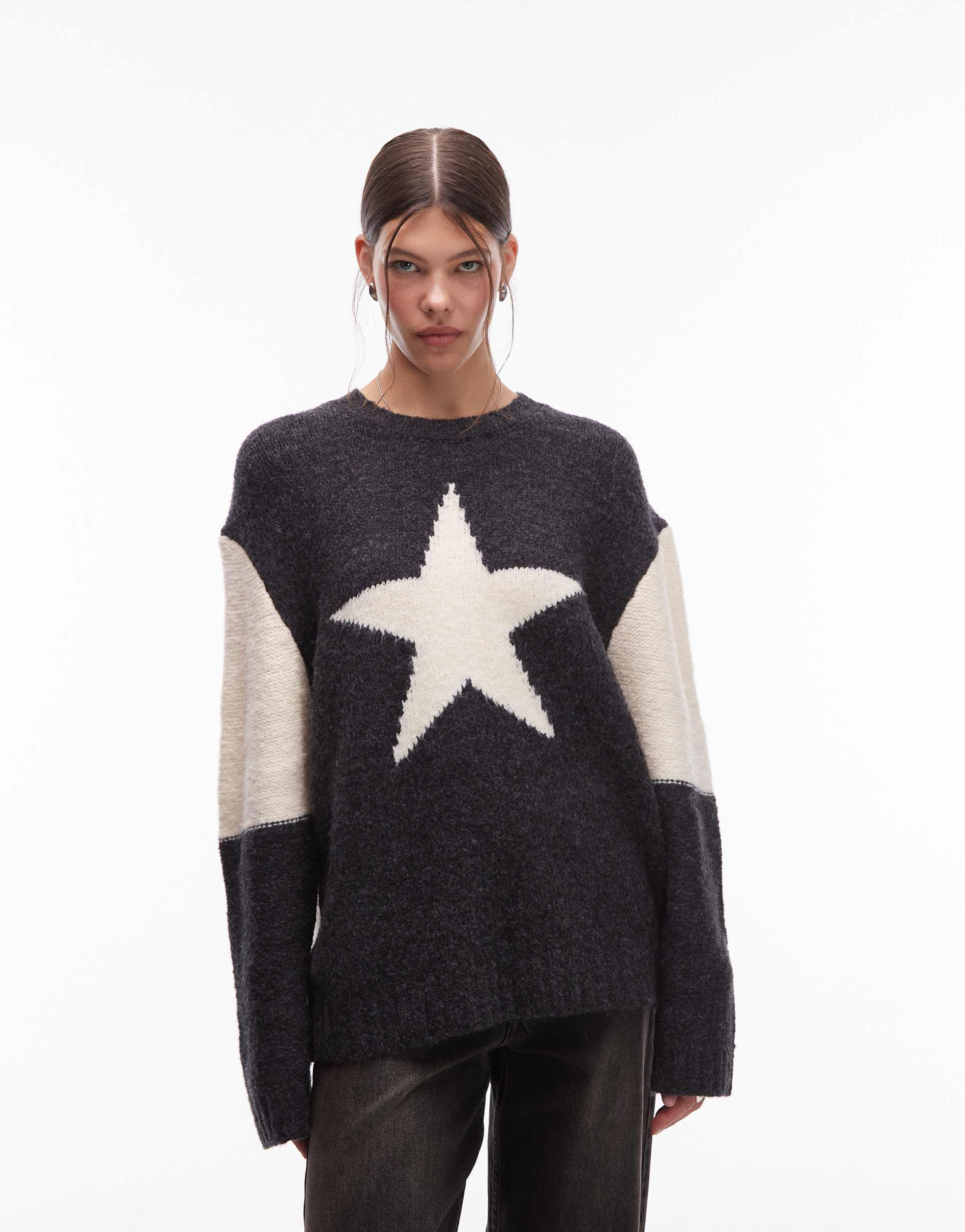 emory park star intarsia sweater in charcoal gray