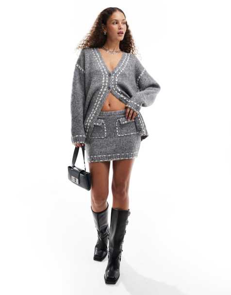 Emory Park stitch detail knitted mini skirt co-ord in grey - view 1