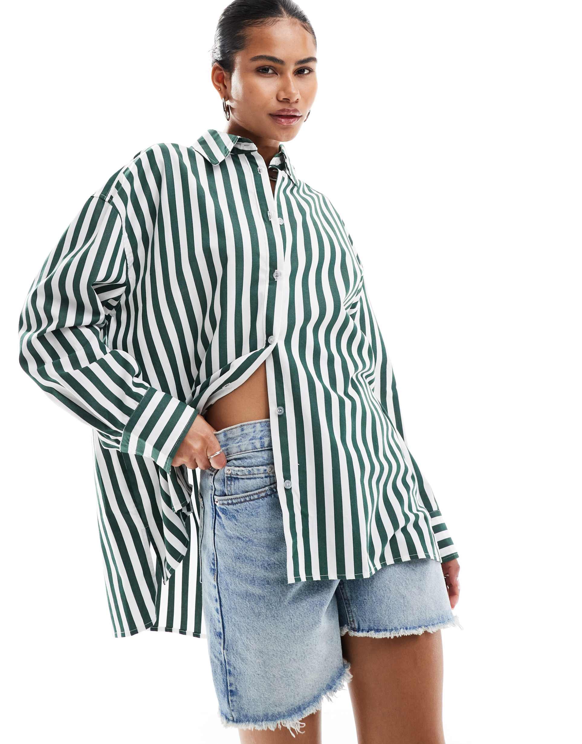 emory park striped oversized shirt in hunter green