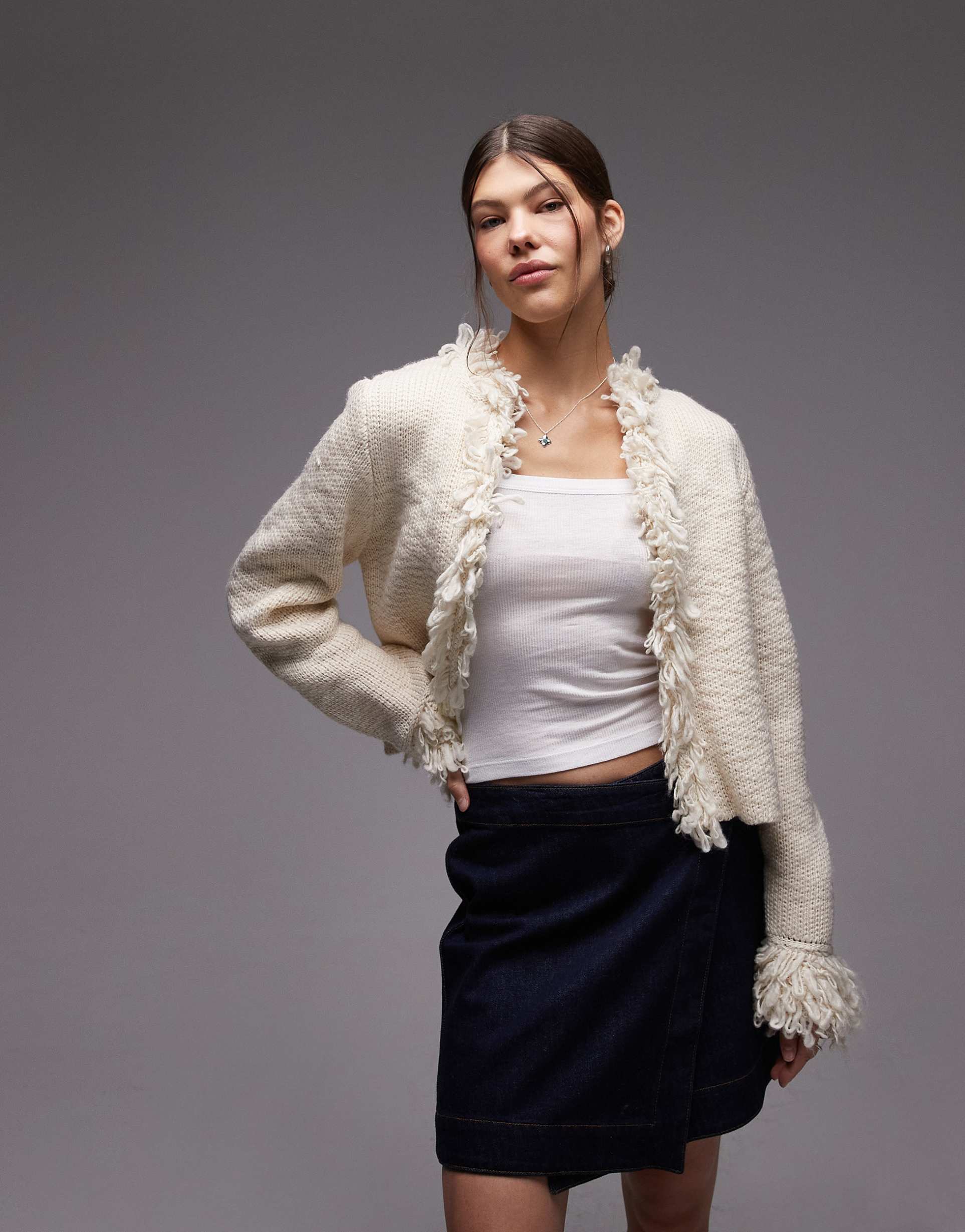emory park textured trim cardigan in ivory
