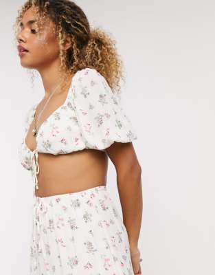 Emory Park tie front crop top in vintage floral co-ord-Multi