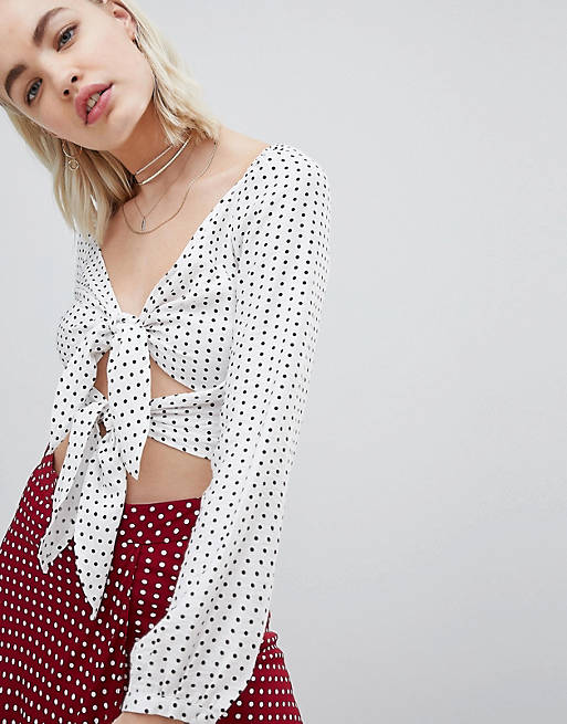 Emory Park Tie Front Long Sleeve Top In Mini Polka Dot 
