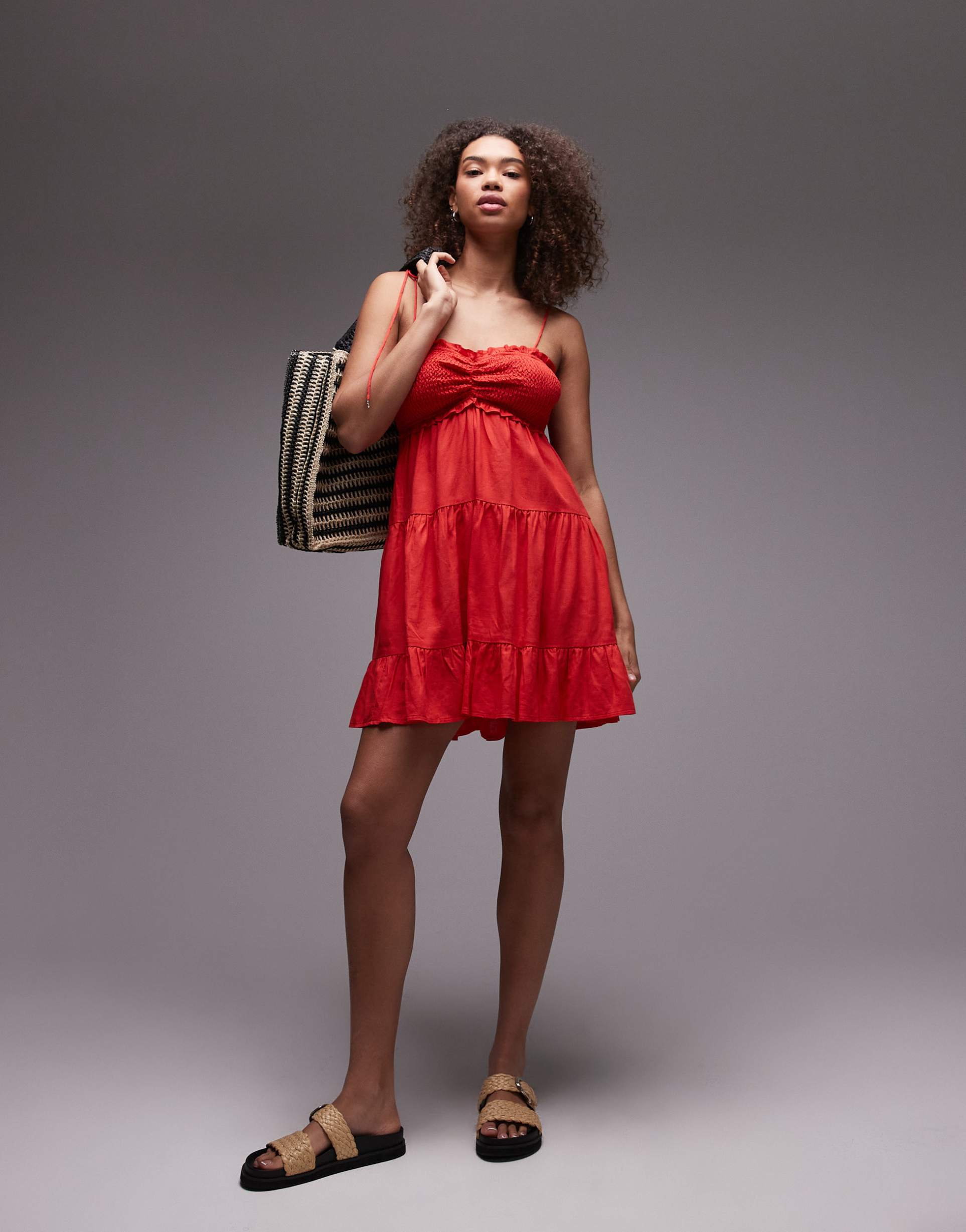 emory park tie shoulder linen mix tiered mini dress in red