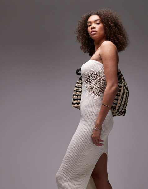 Emory Park – Trägerloses Strick-Midikleid in Creme mit Häkel-Einsatz - view 1