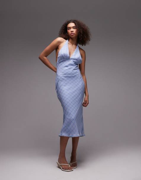 Emory Park - Vestito midi blu a quadri allacciato al collo - view 1