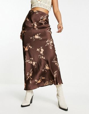 Emory Park vintage floral print satin maxi skirt in chocolate