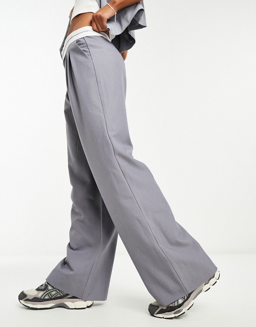 Emory Park waistband detail wide leg tailored trousers in steel grey