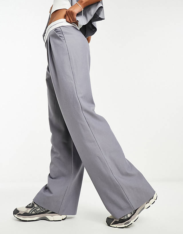 Emory Park - waistband detail wide leg tailored trousers in steel grey