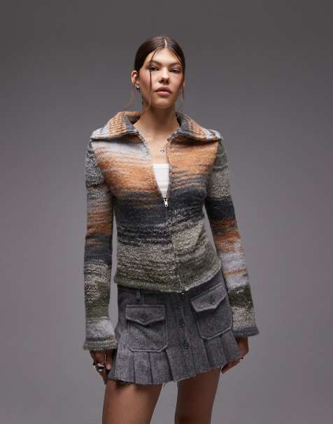 Emory Park wide collar zip through cardigan in olive blend - view 1