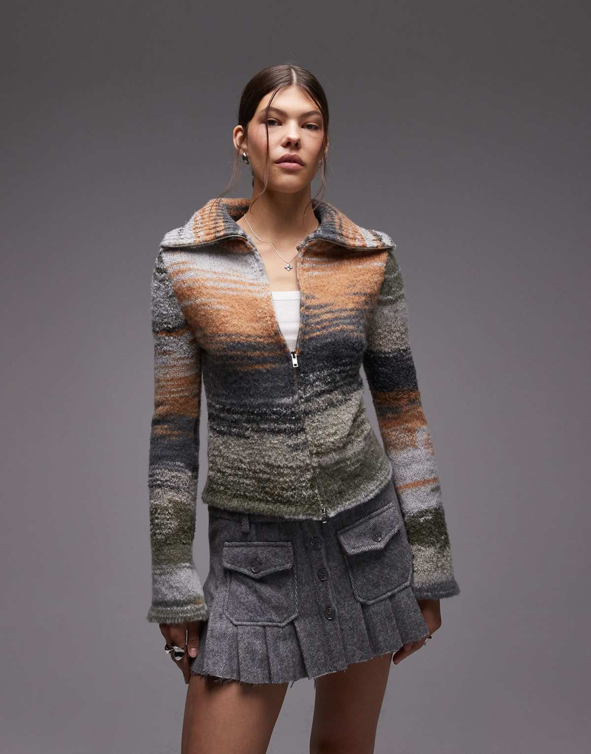 Emory Park wide collar zip through cardigan in olive blend