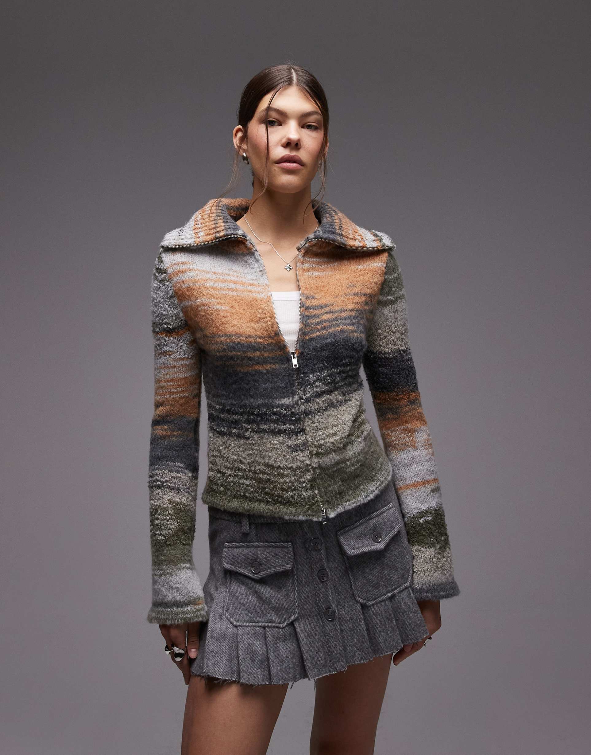 emory park wide collar zip up cardigan in olive blend