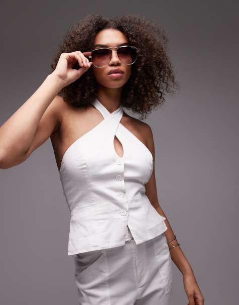 Emory Park wrap neck linen halter top co-ord in white - view 1