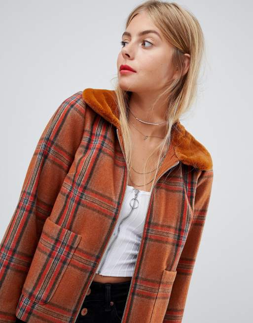 Emory Park zip jacket with faux fur collar in vintage plaid ASOS