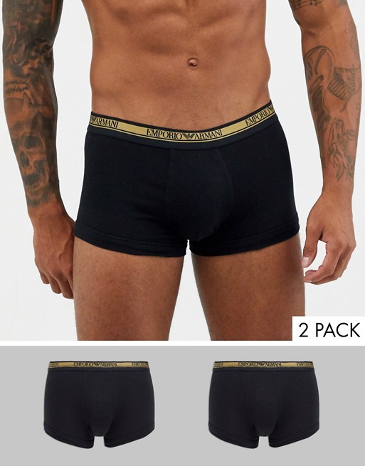 Emporio Armani 2 pack gold logo waistband trunks in black