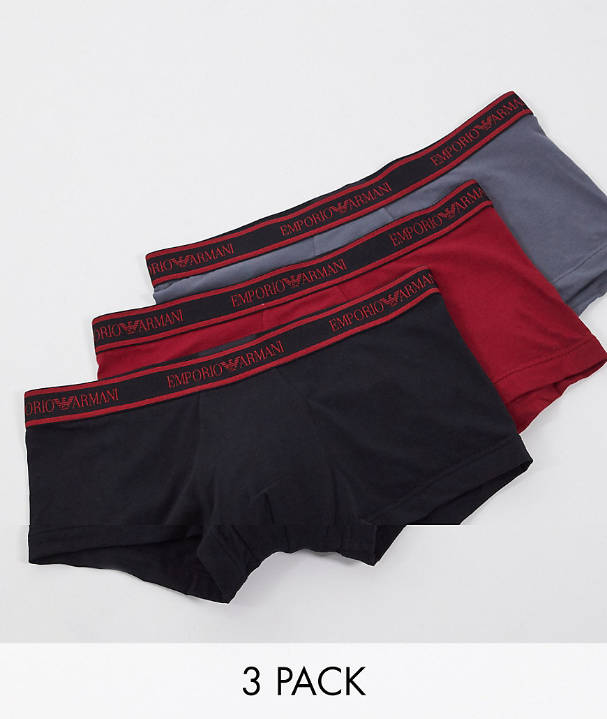 Emporio Armani 3 pack contrast text logo trunks in black/gray/red-Multi
