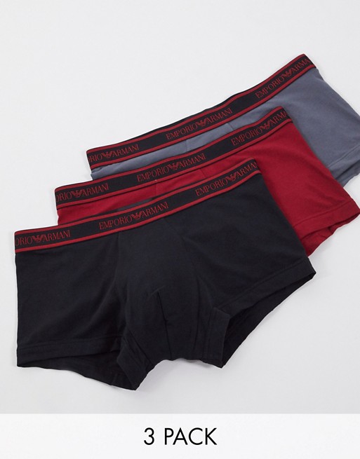 Emporio Armani 3 pack contrast text logo trunks in black/grey/red