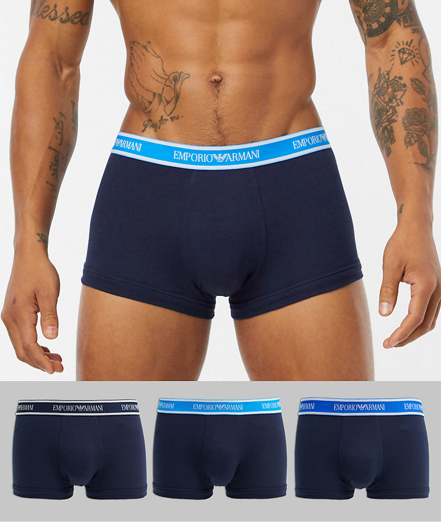 Emporio Armani 3 pack contrast waistband logo trunks in navy