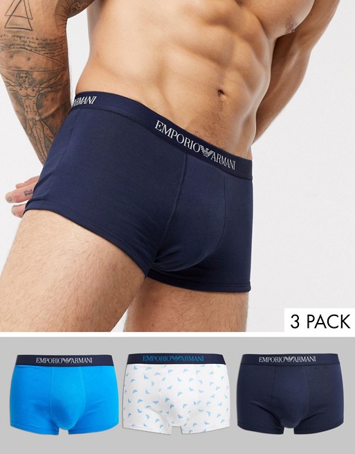 Emporio Armani 3 pack eagle print trunks in white and blue