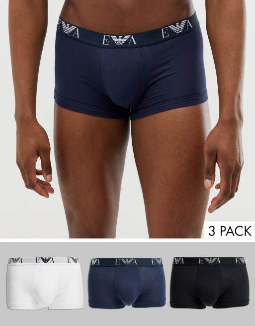 Emporio Armani 3 pack EVA logo trunks in white/black/navy | ASOS