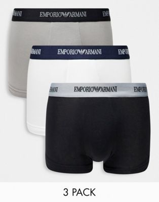 Emporio Armani 3 pack logo trunks in white/black/grey