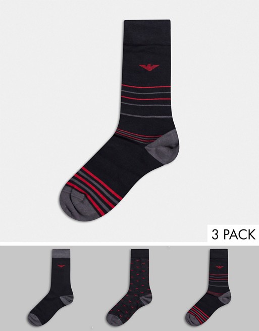 Emporio Armani 3 pack print and stripe sock giftset in black/red