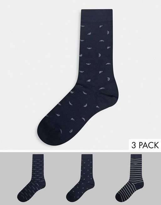 Emporio Armani 3 pack print and stripe sock giftset in navy/grey