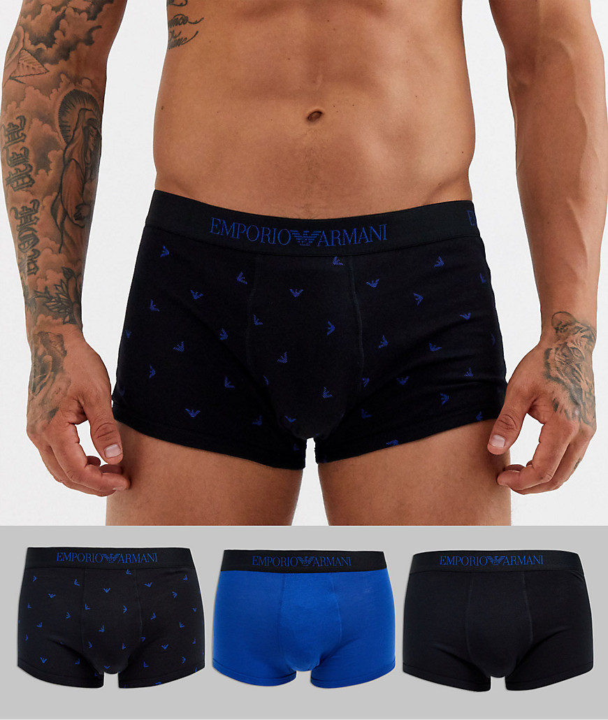 Emporio Armani 3 pack print trunks in black and blue