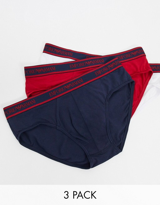 Emporio Armani 3 pack text logo briefs in navy/red/white