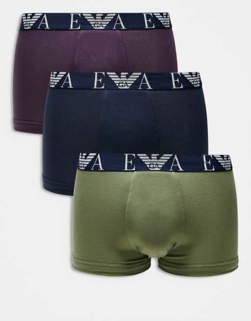 Emporio Armani 3 pack trunks in multi khaki / navy and plum 