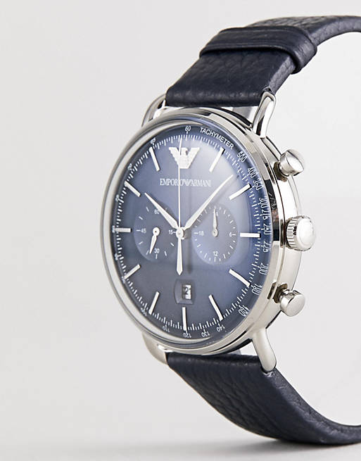 Emporio Armani AR11105 Chronograph Leather Watch In Navy 43mm | ASOS