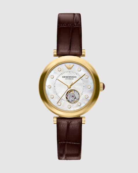 Emporio Armani Archelia automatic burgundy leather watch in gold - view 1