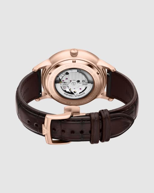 Emporio Armani Archetipo automatic brown leather watch in rose gold, 4 of 4