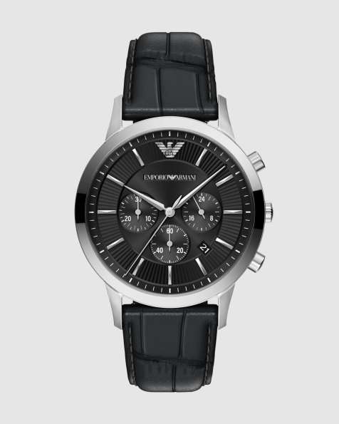 Emporio Armani Archetipo chronograph black leather watch in silver - view 1