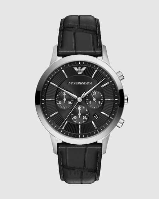 Emporio Armani Archetipo chronograph black leather watch in silver, 1 of 4