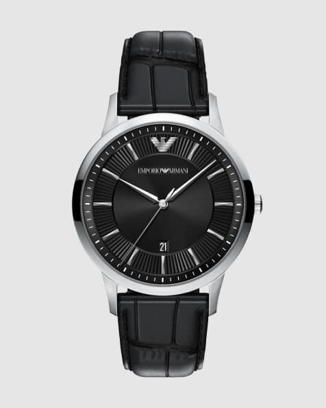 Emporio Armani Archetipo three-hand black leather watch in silver - view 1