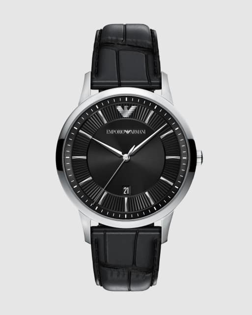 Emporio Armani Archetipo three-hand black leather watch in silver, 1 of 4