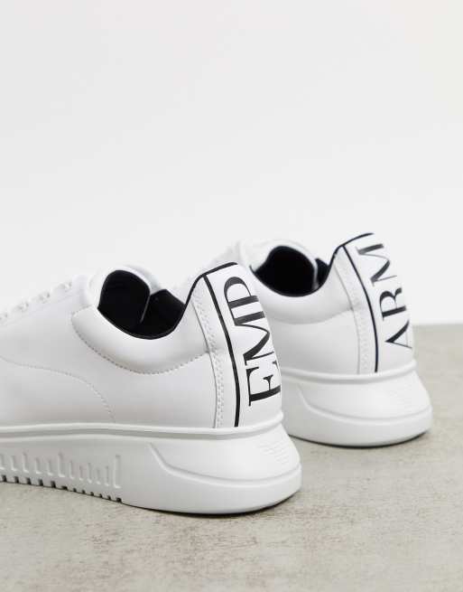 Emporio Armani back tab logo leather sneakers in white | ASOS