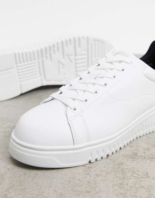 Emporio Armani back tab logo leather sneakers in white | ASOS