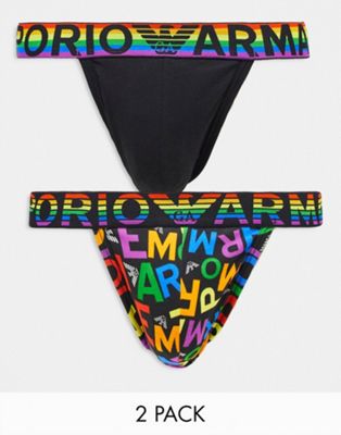 Emporio Armani Bodywear 2 pack rainbow print jockstraps in black